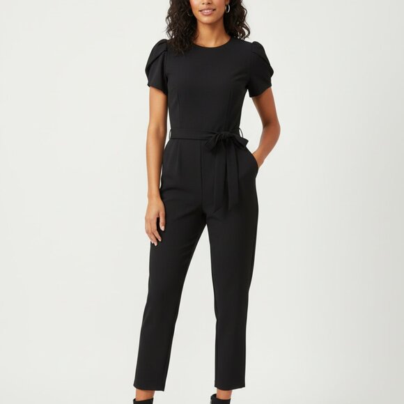 NEW Calvin Klein Elegant Cropped Jumpsuit Black Crepe Tulip Sleeve Romper - Picture 1 of 5